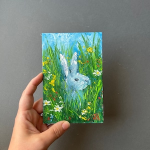 Original Miniature Oil Cute Rabbit Painting Gray Hare Wildflower Meadow Textured Animal Wall Art Nursey Kids Decor Bunny Pet Unique Gift