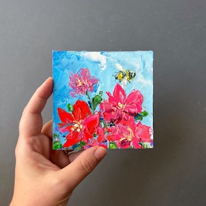 Original Miniature Floral Oil Painting Pink Flowers Wildflower Meadow Bumblebee Tiny Landscape Wall Art Textured Flower Decor Unique Gift