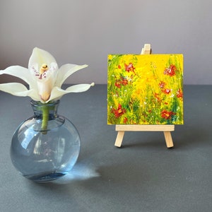 Original Miniature Floral Oil Painting Red Wildflowers in Sunshine Yellow Meadow Tiny Textured Flower Wall Decor Unique Gift Small ArtWork