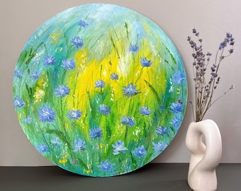 Original Round Oil Painting Textured Blue Chicory Flowers Palette Knife Floral Artwork Decor Unique Gift Impasto Botanic Nature Lover