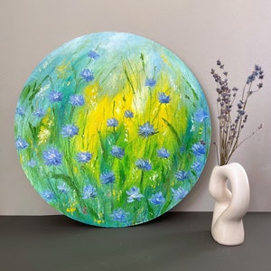 Original Round Oil Painting Textured Blue Chicory Flowers Palette Knife Floral Artwork Decor Unique Gift Impasto Botanic Nature Lover