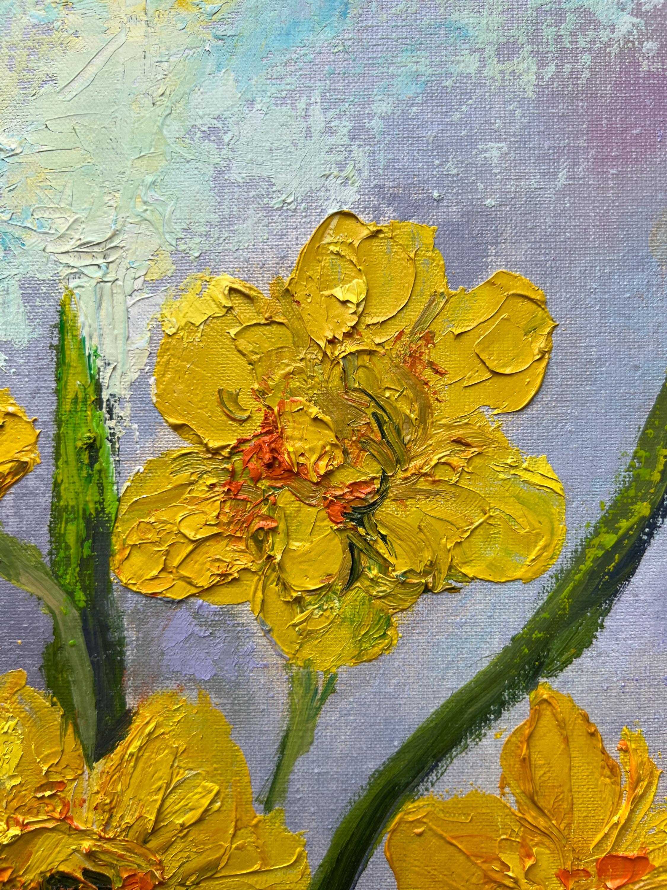 Original Oil Painting Bouquet Yellow Daffodils in Glass Vase Textured ...