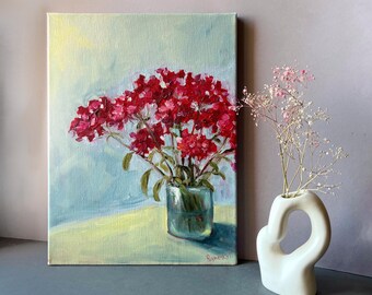 Elegant Oil Painting Crimson Turkish Cloves in Glass Vase Original Floral Art Soft Blue Background Perfect for Home Decor and Art Lovers