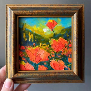 Miniature Original Acrylic Flower Landscape Painting +Mini Easel or Frame California Golden Poppy Sunset Art Palette Knife Decor Unique Gift