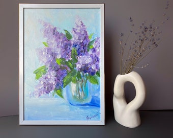 Original Floral Oil Painting Fragrant Lilac Still Life in Blue Vase Spring Blooms Purple Flowers Wall Art Small Decor Unique Gift for Her