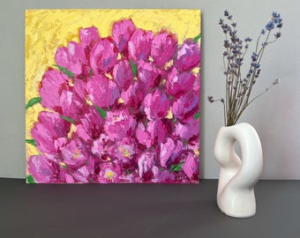 Original Square Oil Painting Pink Tulip Bouquet Floral Still Life ArtWork Handpainted Unique Gift Small Floral Decor Tulips Wall Art Spring