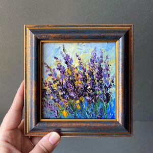 Miniature Acrylic Original Painting Lavender Flowers in Bloom Textured Palette Knife Artwork Small Happy Vibes Decor Unique Handpainted Gift