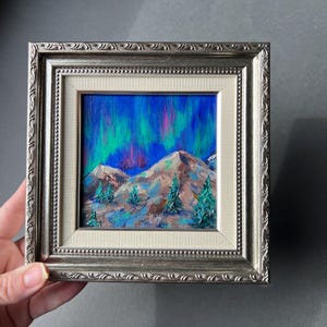 Original Small Acrylic Landscape Painting Northern Lights in Mountains +Mini Easel Gift Night Sky Wall Decor Aurora Borealis Art Unique Gift