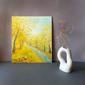 Original Small Oil Painting Golden Autumnal Landscape Tranquil Pathway Through Tree-Lined Alley Warm Fall Colors Seasonal Home Decor