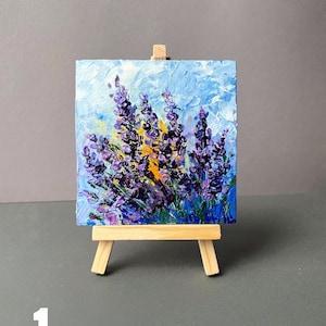 Miniature Acrylic Original Painting Lavender Flowers in Bloom Textured Palette Knife Artwork Small Happy Vibes Decor Unique Handpainted Gift