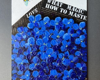 Original Floral Acrylic Painting Blue Hydrangea Bouquet With Bee Handmade Flower Artwork Nature Decor  Blue Botanical Fine Art Unique Gift