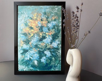 Original Floral Acrylic Painting Modern Abstract Still Life Blue Yellow Flower Bouquet Handpainted Small Decor Her Gift Mother Turquoise Art