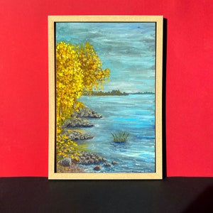 Golden Autumn River Landscape Original Acrylic Painting Cityscape Wall Art Small Decor Unique Nature Lover Gift Framed
