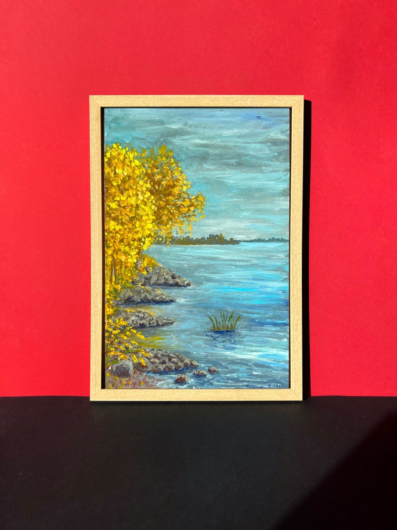 Golden Autumn River Landscape Original Acrylic Painting Cityscape Wall Art Small Decor Unique Nature Lover Gift Framed