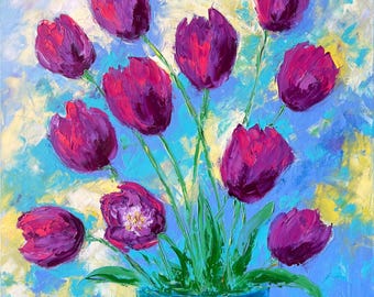 Original Oil Painting Red-Purple Tulips Textured Floral Artwork Uplifting Home Decor Spring Garden Wall Art Unique Flower Lovers Gift