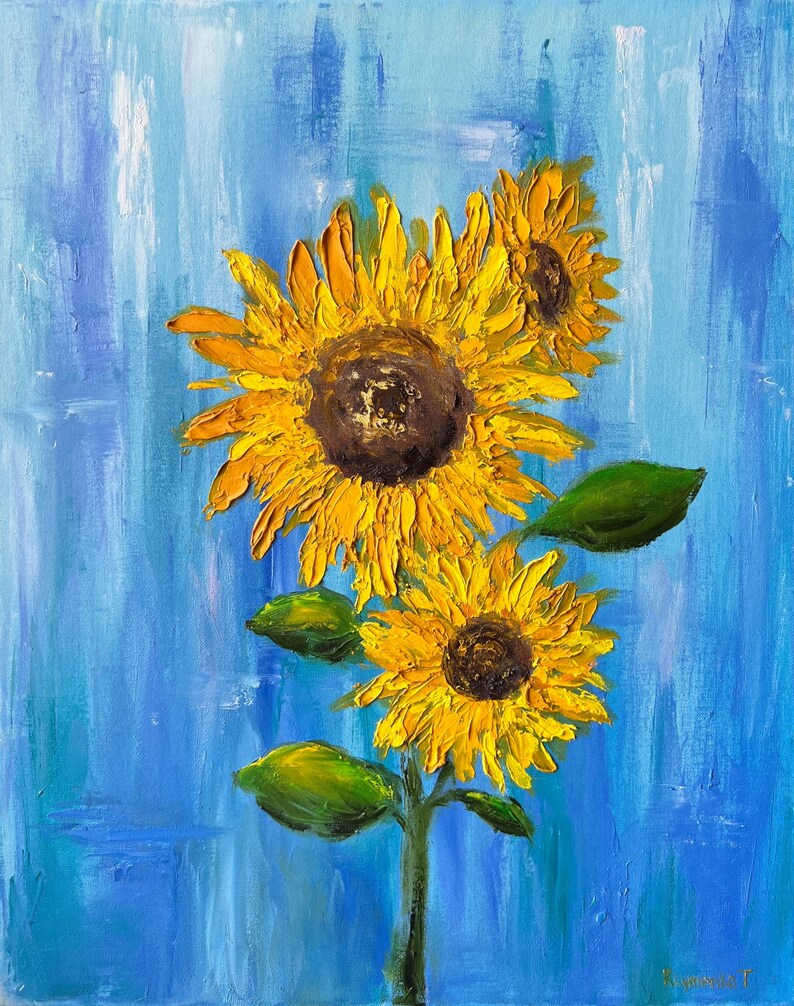Original Vibrant Oil Painting Textured Sunflowers Palette Knife Art ...