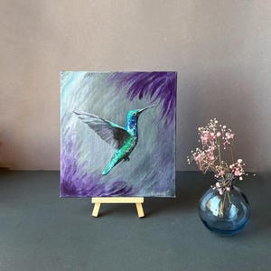Vibrant Hand-Painted Hummingbird Original Acrylic Small Painting Cardboard Canvas Colorful Miniature Artwork Bird Lover Gift Wall Art Decor