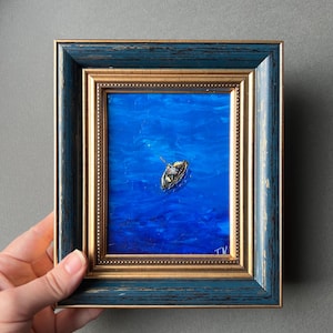 Original Mini Oil Painting Fisherman in a Boat + Mini Easel Gift Blue Textured Art Miniature Nature Wall Art Decor Unique Fishing Gift
