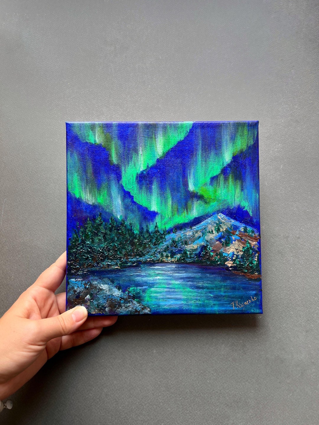 Original Small Acrylic Painting Aurora Borealis Over Calm  display picture 3