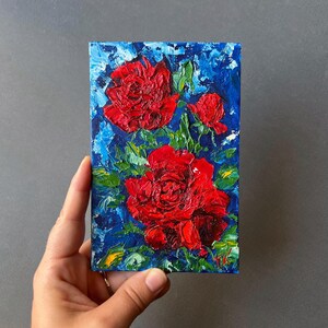 Original Mini Floral Oil Painting Red Roses on Blue Impressionist Wall Art Miniature Textured Flower Decor Unique Gift for Her