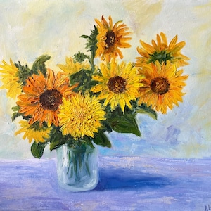Vibrant Original Oil Painting Sunflower Bouquet in Glass Vase Positive Home Wall Décor Bold Textured Floral Art Unique Flower Lovers Gift