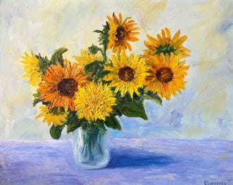 Vibrant Original Oil Painting Sunflower Bouquet in Glass Vase Positive Home Wall Décor Bold Textured Floral Art Unique Flower Lovers Gift