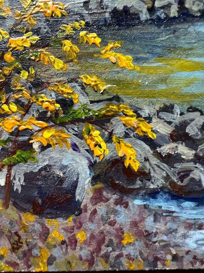 Golden Autumn River Landscape Original Acrylic Painting Cityscape Wall Art Small Decor Unique Nature Lover Gift image 9
