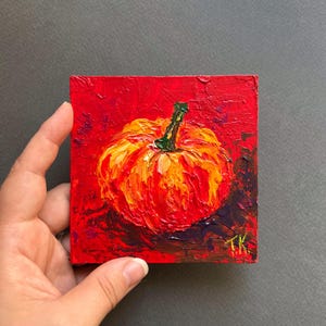Original Mini Acrylic Painting Plump Orange Pumpkin on Red +Mini Easel Gift Textured Seasonal Art Food Art Halloween Thanksgiving Gift Decor