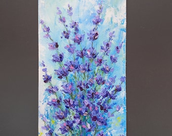 Original Acrylic Small Floral Painting Lavender Art Purple Flowers in  Bloom Blue Textured Vertical Long Narrow WallArt Unique Gift for Her