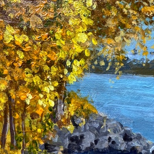 Golden Autumn River Landscape Original Acrylic Painting Cityscape Wall Art Small Decor Unique Nature Lover Gift image 6