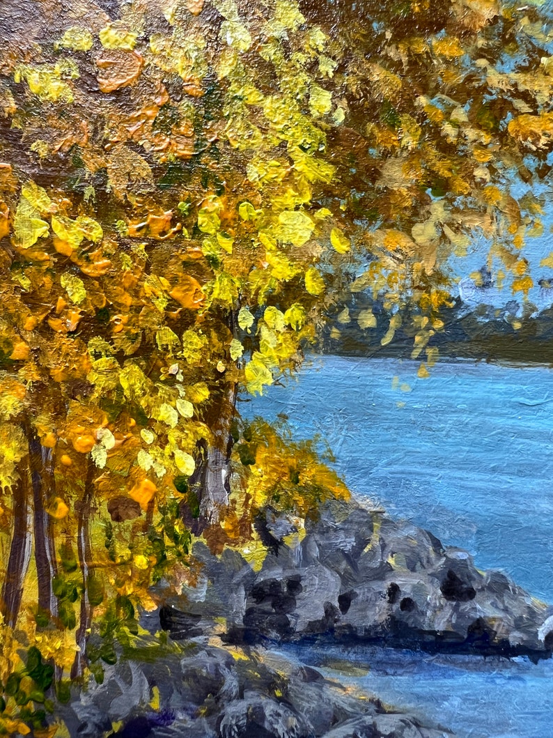 Golden Autumn River Landscape Original Acrylic Painting Cityscape Wall Art Small Decor Unique Nature Lover Gift image 6