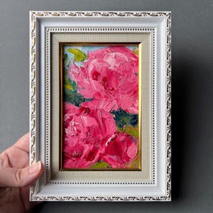 Original Tiny Floral Oil Painting Vibrant Pink Peonies in Full Bloom Miniature Textured Art Unique Small Pink Flowers Wall Art Women Gift