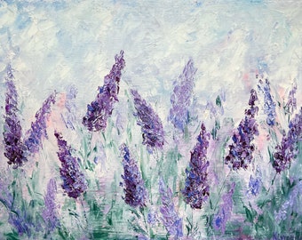 Original Small Floral Oil Painting Lavender Field in Bloom Textured Palette Knife Artwork Handpainted Provence WallArt Decor Unique Gift