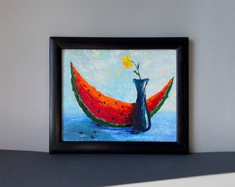 Original Small Oil Painting Still Life Red Slice Watermelon Blue Vase Yellow Flower Textured Kitchen Wall Art Unique Mom Gift Housewarmings