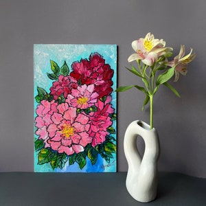 Original Small Floral Oil Painting Pink Peonies on Turquoise Decorative Peony Art Botanical Garden Wall Decor Unique Flowers Gift
