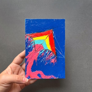 Original Miniature Oil Painting Colorful Kite Blue Sky  + Mini Easel Gift Textured Impasto Wall Art Nursery Baby Room Decor Unique Kids Gift