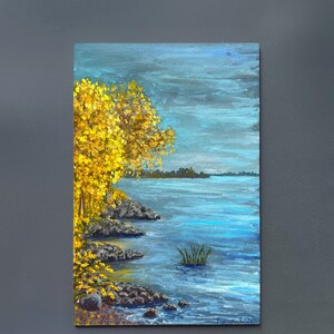 Golden Autumn River Landscape Original Acrylic Painting Cityscape Wall Art Small Decor Unique Nature Lover Gift Not Framed