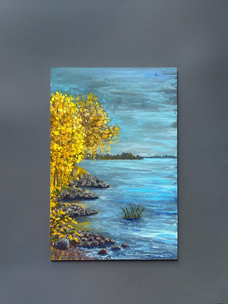 Golden Autumn River Landscape Original Acrylic Painting Cityscape Wall Art Small Decor Unique Nature Lover Gift Not Framed