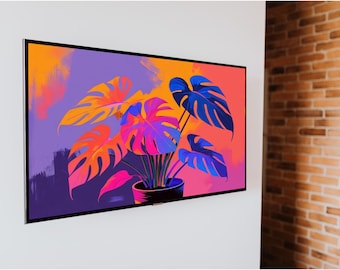 Lienzo decorativo con hojas de monstera coloridas, decoración tropical