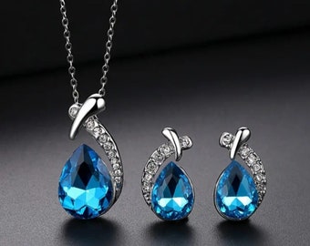 Exquisite Zircon Mermaid Earrings, Zircon Pendant Necklace, Royal Blue Stone with Chain