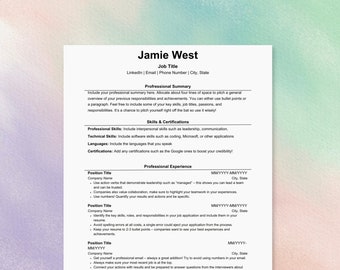 May include: A black and white resume template with the name Jamie West at the top. The template includes sections for professional summary, skills and certifications, and professional experience. The template is designed to help job seekers create a professional resume.