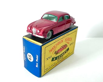 Matchbox Lesney Series 65 Jaguar 3.4 Litre - Rare C Box - Red Metallic Car with Silver Wheels