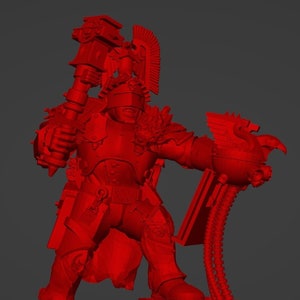 May include: A red plastic miniature figurine of a warrior holding a large hammer and a weapon with a claw. The warrior is wearing armour and a helmet. The figurine is standing on a base.