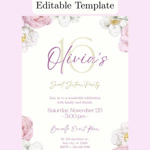 Editable Sweet 16 Invitation Template | Floral Sixteen Party Invite | Canva Digital Download | Pink Elegant Birthday Card Design