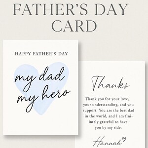 Vatertagskarte von Tochter – Druckbare Karte My Dad My Hero – Sentimentales Geschenk zum Vatertag – Minimalistische Karte mit blauem Herz – Instant Downl