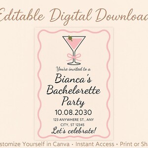 Editable Bachelorette Party Invitation Template Pink Martini Theme | Digital Download Bridal Shower Invite | Instant Download Printable