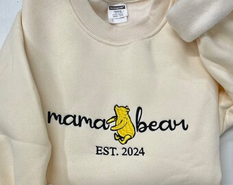 Personalized Embroidered Mama Bear Winnie The Pooh Sweatshirt, Mama Est with Kid Name on Sleeve, Custom Mama Bear Shirt, Winnie Pooh Mama