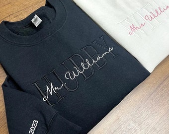 Custom Embroidered Wifey Hubby Shirt, Embroidery Wifey Hubby Couple, Beige Khaki Shirt, Custom Last Name, Engagement Gift, Gift For Wedding