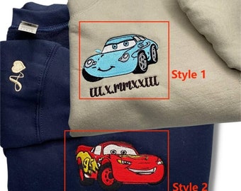 Sweatshirt Embroidered Cars Mcqueen and Sally with Custom Roman Numeral Date Gift for Couple, Mcqueen and Sally Cars Embroidered Sweatshirt