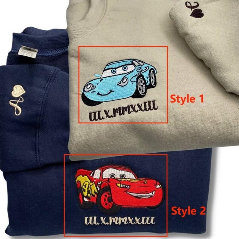 Sweatshirt Embroidered Cars Mcqueen and Sally with Custom Roman Numeral Date Gift for Couple, Mcqueen and Sally Cars Embroidered Sweatshirt zdjęcie 1